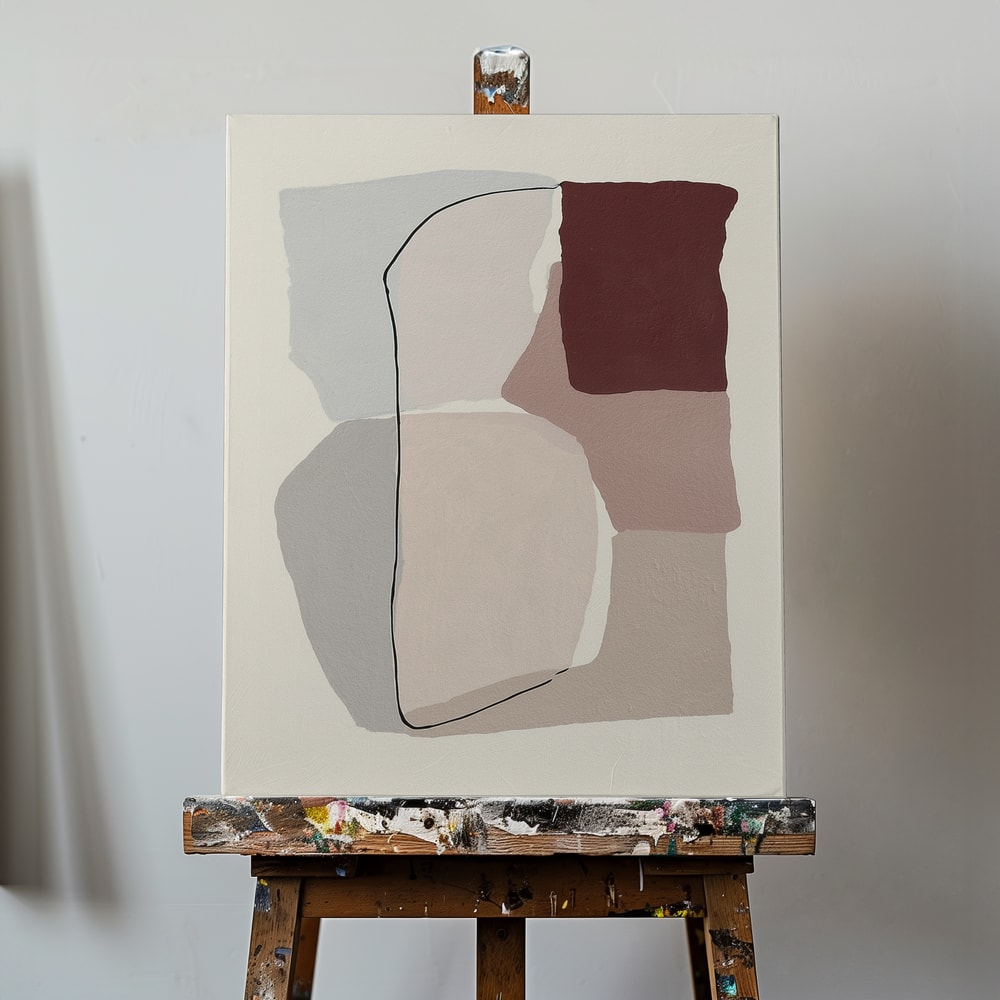 Abstrakte Flächen in Grau, Taupe und Bordeaux mit feiner schwarzer Linie