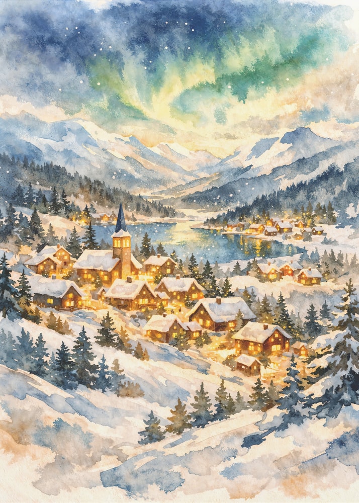 Aquarell eines verschneiten Dorfs am See unter grünen Polarlichtern