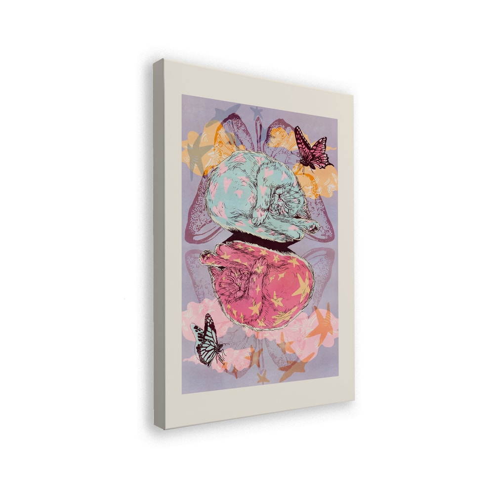 Illustration zweier schlafender Katzen in Mint und Pink mit Schmetterlingen und Sternen