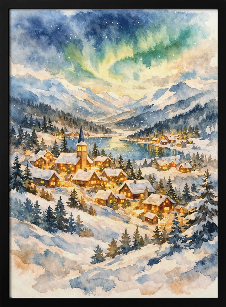 Winterdorf unter Polarlichtern
