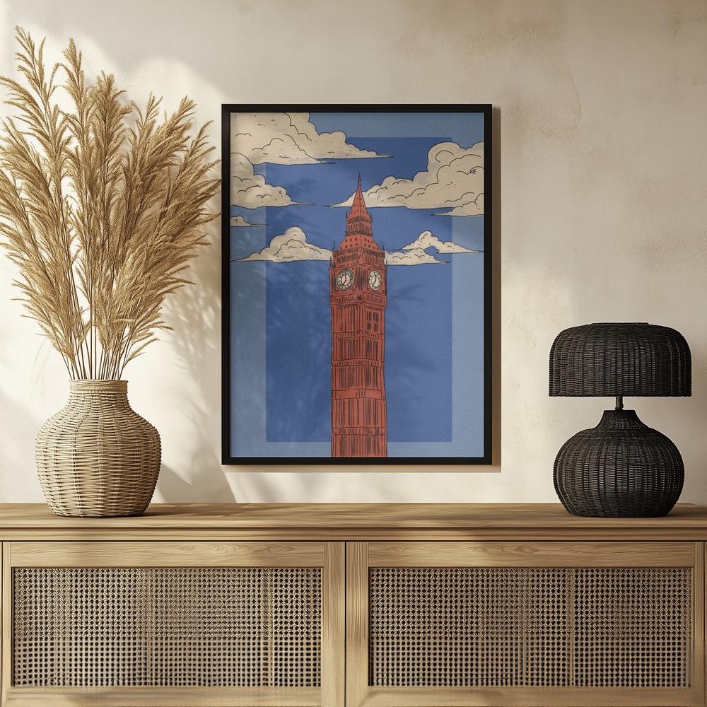 Illustration des Big Ben in Rot vor blauem Himmel mit Wolken