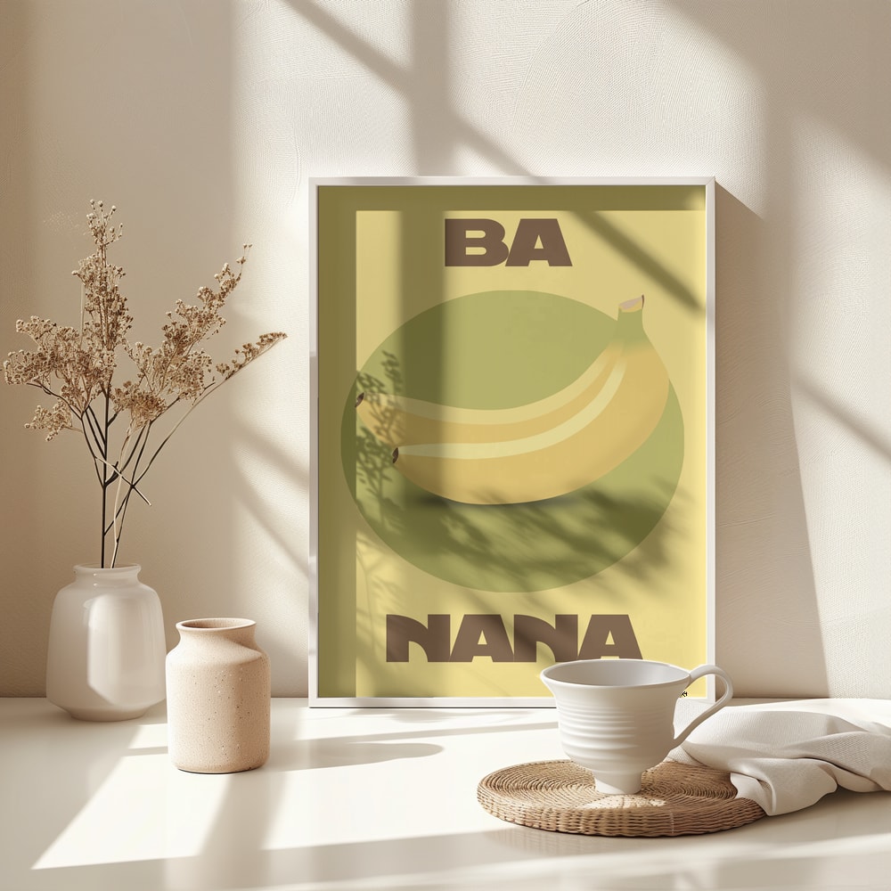 Zwei Bananen auf grünem Kreis mit Schriftzug Ba Nana auf gelbem Hintergrund