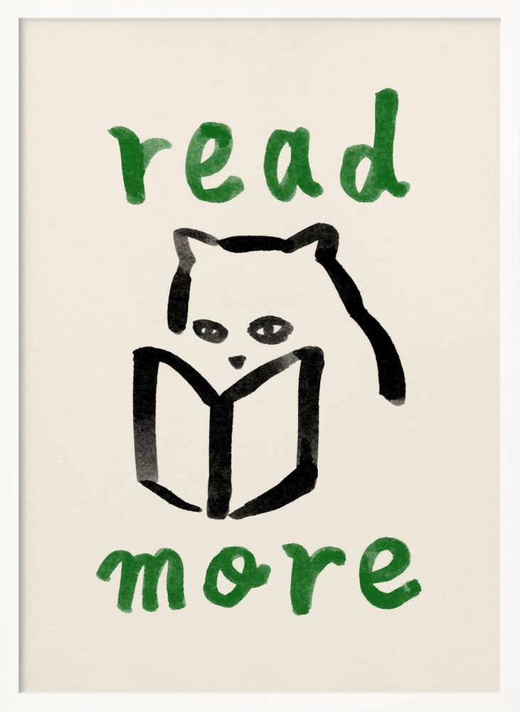 Pinselzeichnung einer Katze hinter einem Buch mit grünem Schriftzug read more