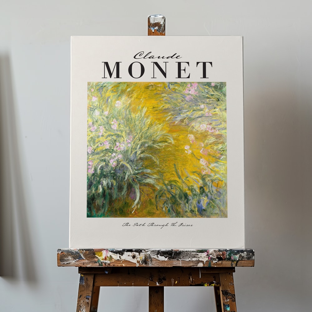 Ausstellungsplakat Claude Monet mit dem Gemälde Der Weg durch die Iris, schwarzer Schriftzug