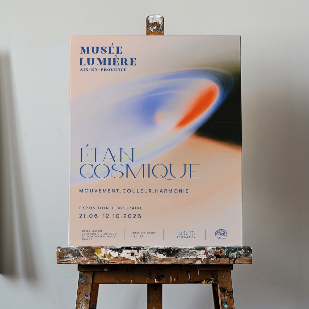 Ausstellungsplakat Élan Cosmique mit weichem Farbwirbel in Blau, Orange und Rosé