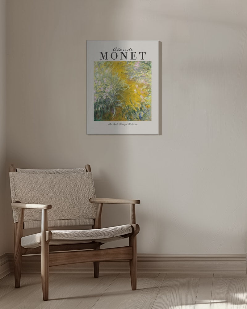 Ausstellungsplakat Claude Monet mit dem Gemälde Der Weg durch die Iris, schwarzer Schriftzug