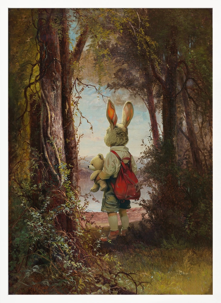 Figur mit Hasenkopf, rotem Rucksack und Teddybär in einem gemalten Wald