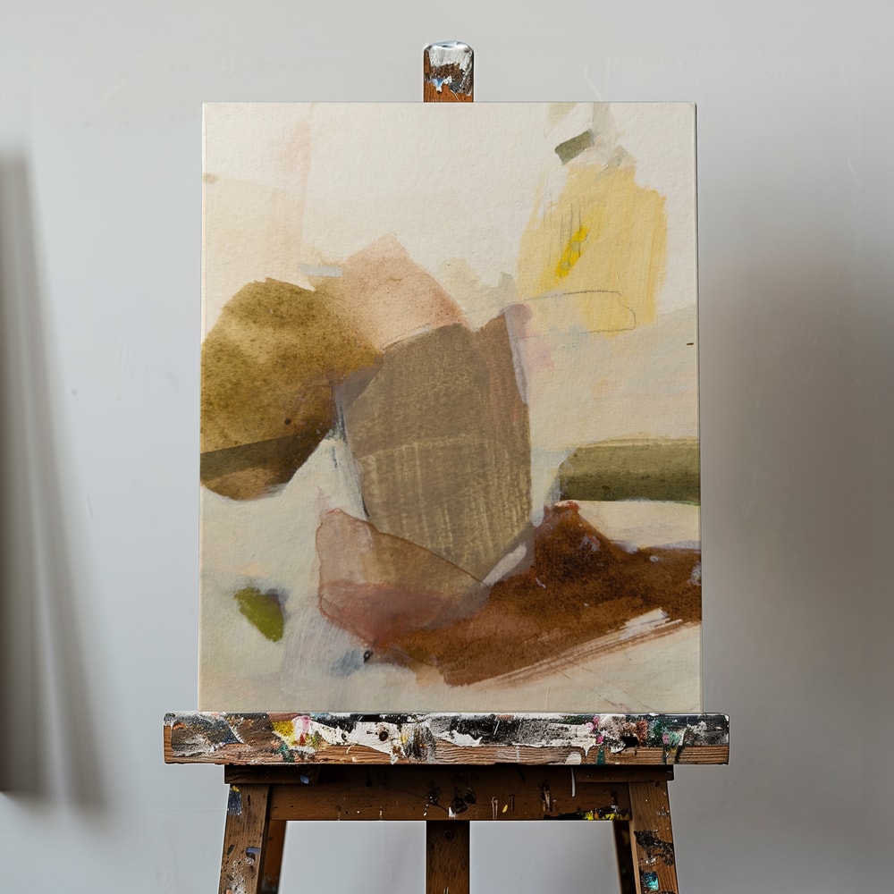 Abstrakte Aquarellflächen in Ocker, Taupe und Gelb auf hellem Hintergrund