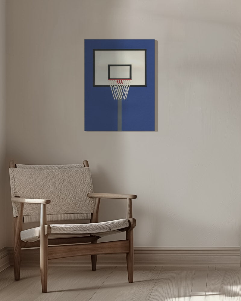 Grafische Illustration eines Basketballkorbs vor dunkelblauem Hintergrund