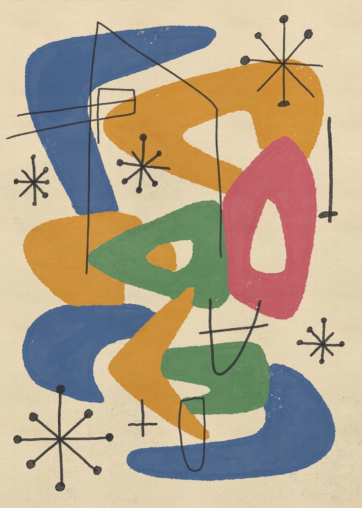 Abstrakte Bumerangformen in Blau, Orange, Grün und Pink mit Sternen im Midcentury-Stil