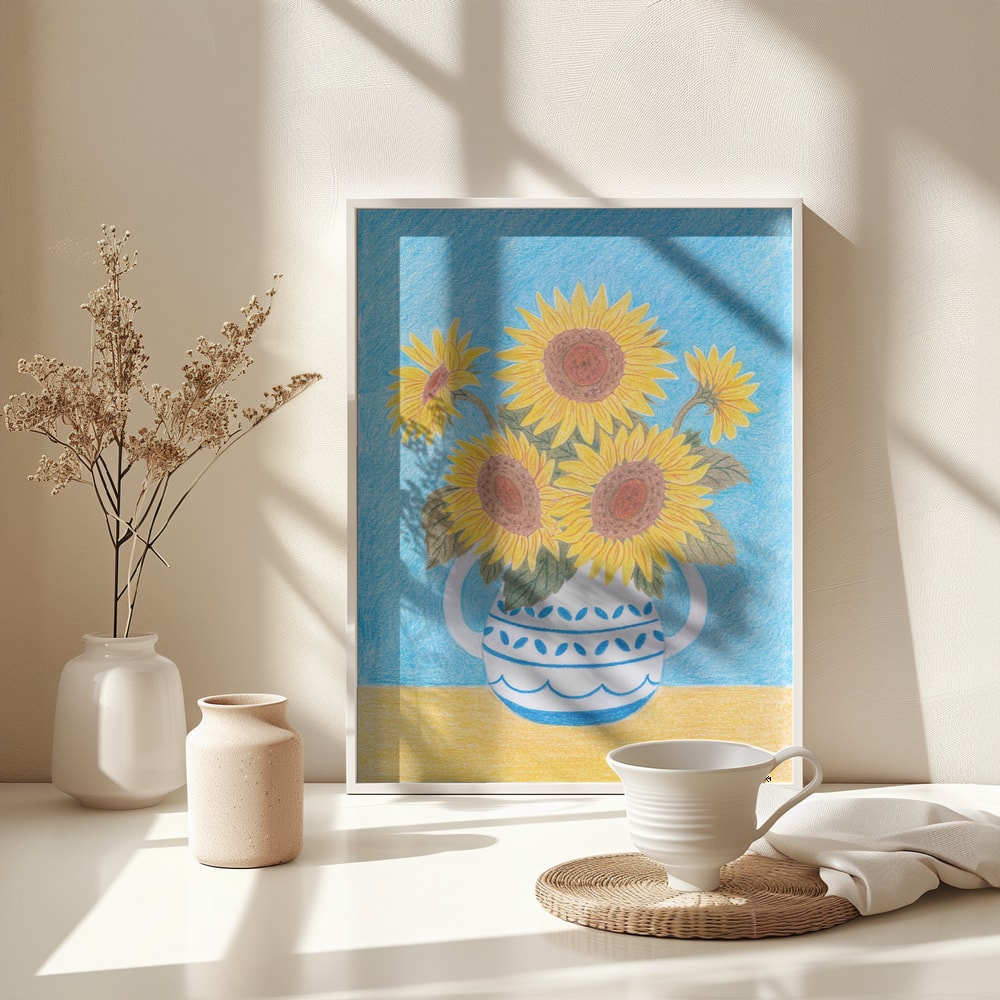 Buntstiftzeichnung von Sonnenblumen in blau-weißem Krug vor hellblauem Hintergrund