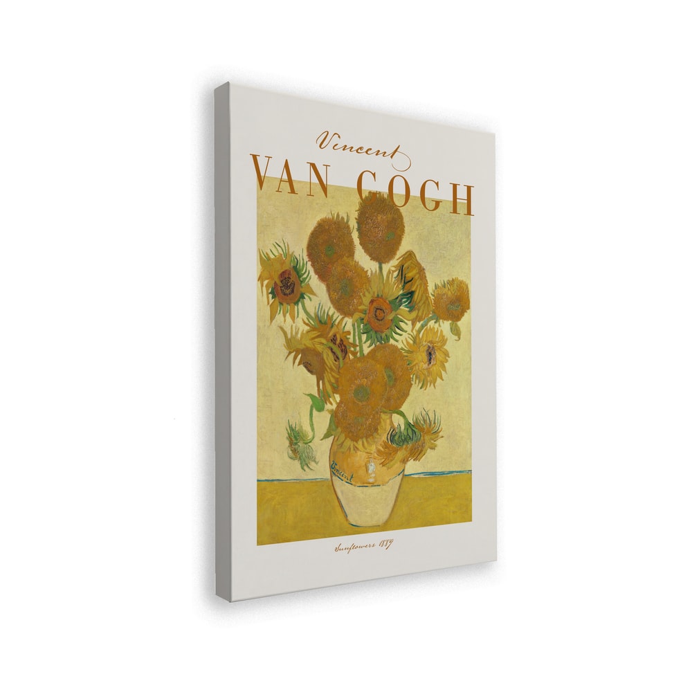 Ausstellungsplakat Vincent van Gogh mit dem Gemälde Sonnenblumen, ockerfarbener Schriftzug oben