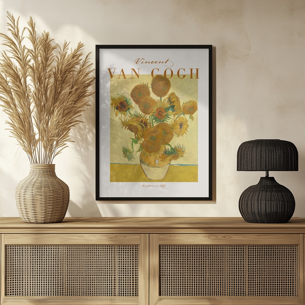 Ausstellungsplakat Vincent van Gogh mit dem Gemälde Sonnenblumen, ockerfarbener Schriftzug oben