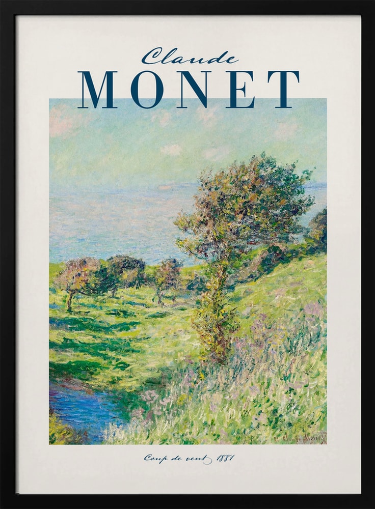 Ausstellungsplakat Claude Monet mit dem Gemälde Windstoß, dunkelblauer Schriftzug