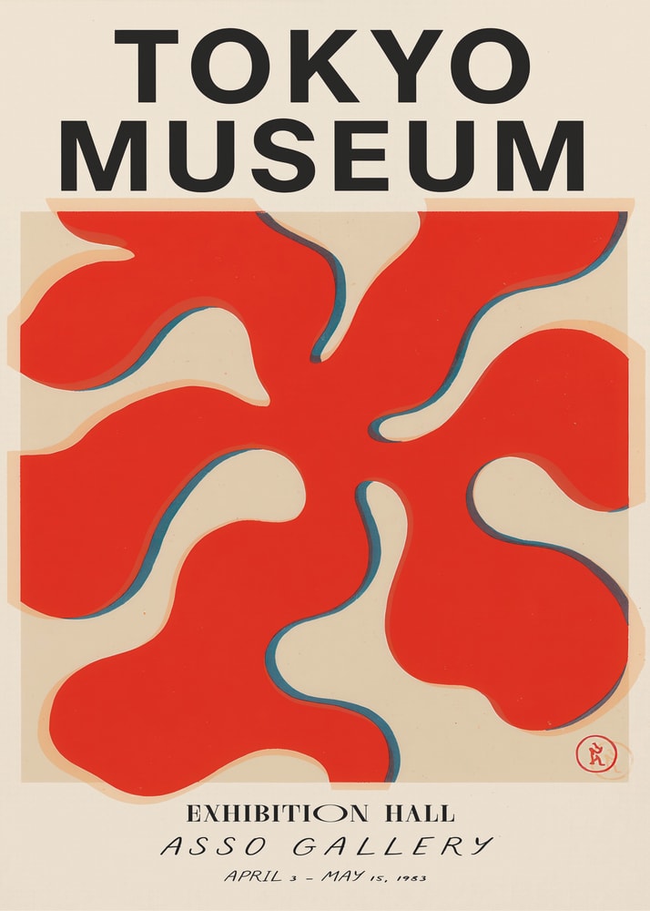 Ausstellungsplakat mit Schriftzug Tokyo Museum und roter Scherenschnitt-Form auf Creme