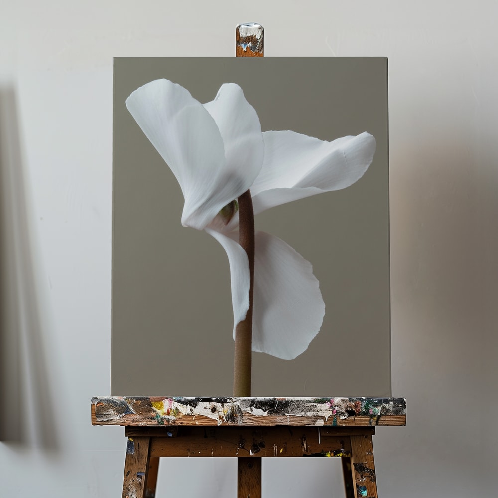 Fotografie einer weißen Alpenveilchenblüte vor grauem Hintergrund