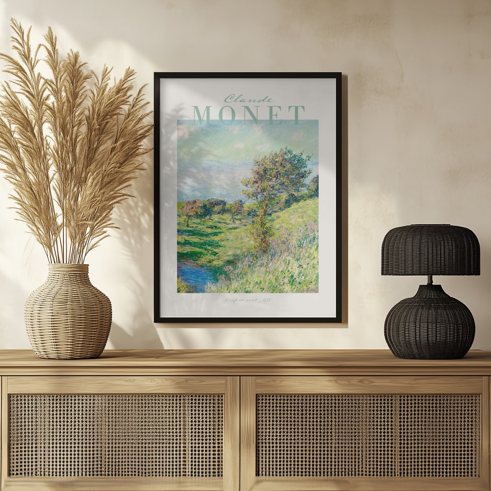 Ausstellungsplakat Claude Monet mit dem Gemälde Windstoß, mintfarbener Schriftzug