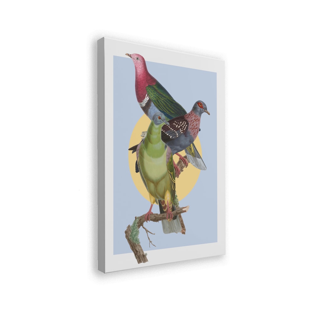 Illustration dreier bunter Tauben auf einem Ast vor gelbem Kreis und hellblauem Hintergrund