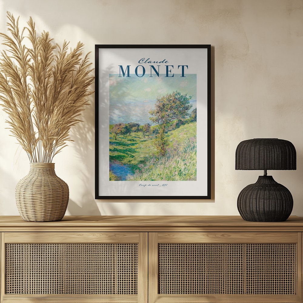 Ausstellungsplakat Claude Monet mit dem Gemälde Windstoß, dunkelblauer Schriftzug