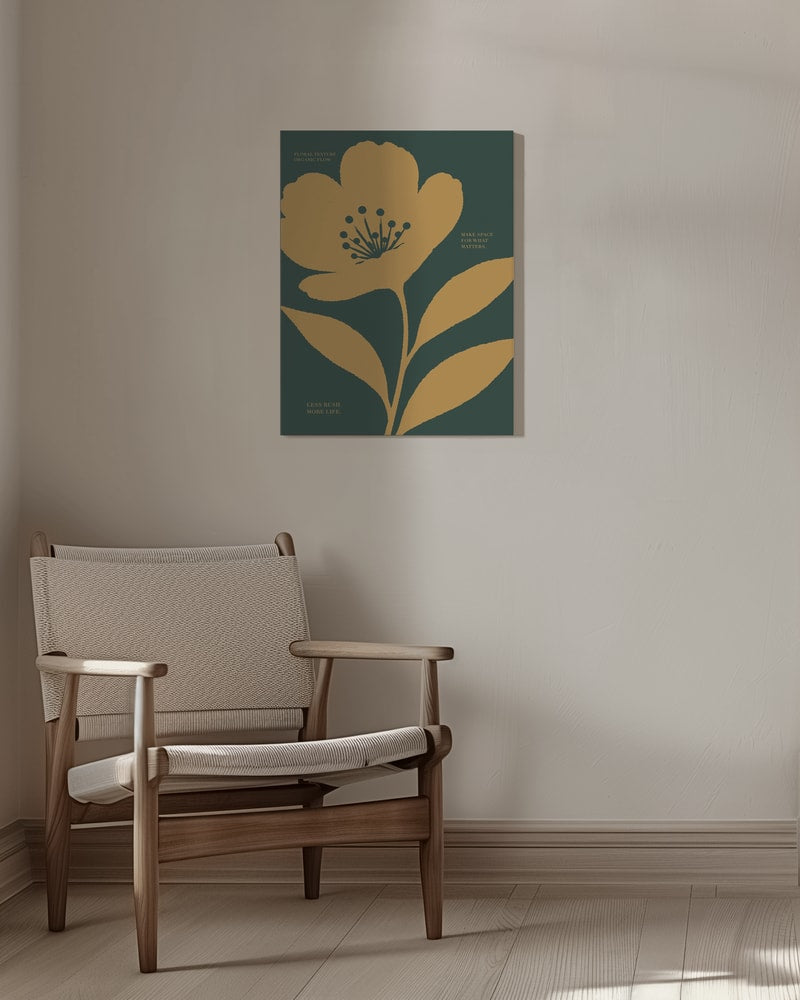 Stilisierte senfgelbe Blüte auf dunkelgrünem Hintergrund mit kleinen Textzeilen