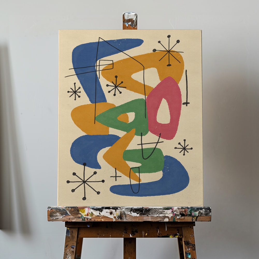 Abstrakte Bumerangformen in Blau, Orange, Grün und Pink mit Sternen im Midcentury-Stil