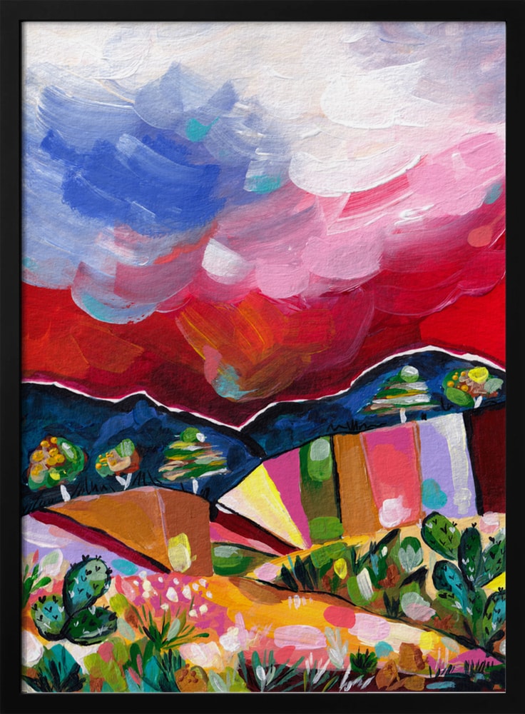 Expressives Gemälde einer bunten Wüstenlandschaft mit Kakteen und wolkigem Himmel