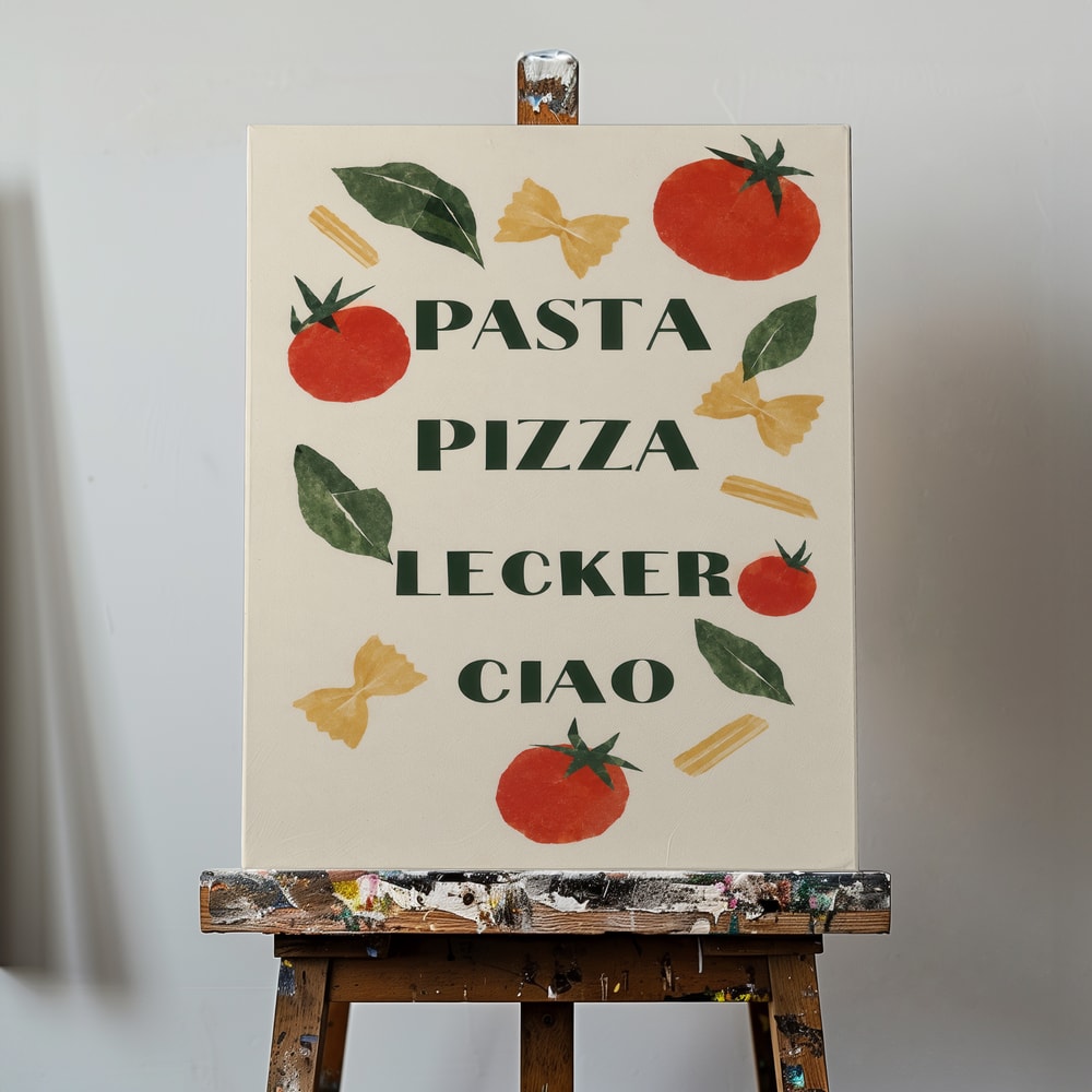 Schriftzug Pasta Pizza Lecker Ciao zwischen Tomaten, Basilikumblättern und Nudeln