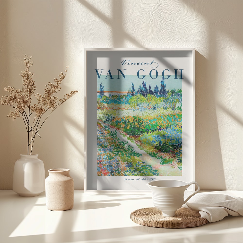 Ausstellungsplakat Vincent van Gogh mit dem Gemälde Garten in Arles, blauer Schriftzug oben