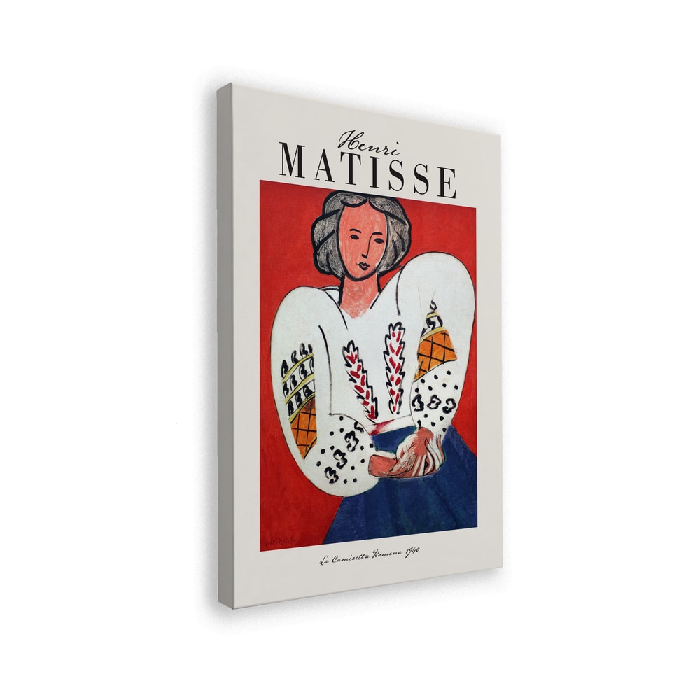 Ausstellungsplakat Henri Matisse mit Frau in bestickter weißer Bluse vor rotem Hintergrund