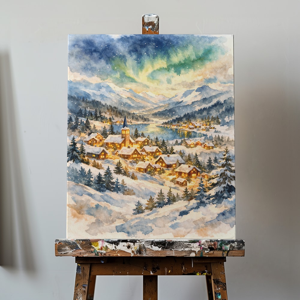 Aquarell eines verschneiten Dorfs am See unter grünen Polarlichtern
