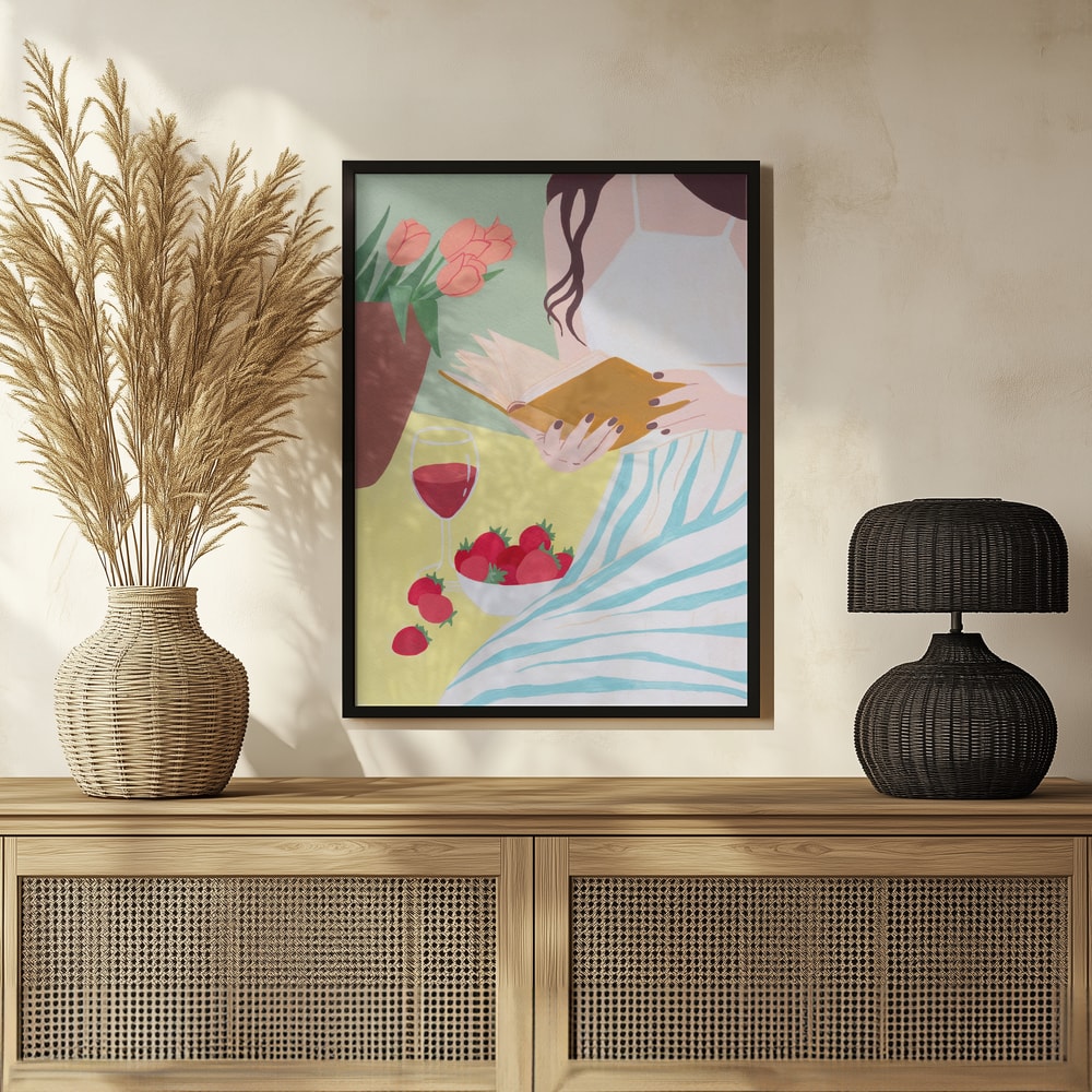 Illustration einer lesenden Frau mit Rotwein, Erdbeeren und Tulpen in Pastellfarben