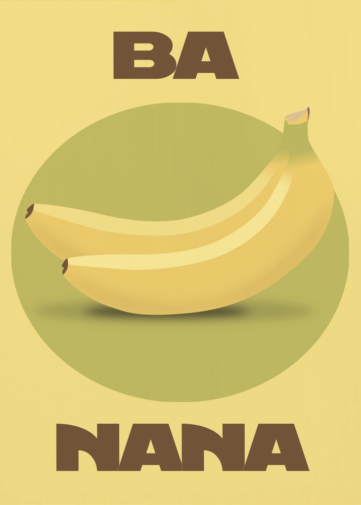 Zwei Bananen auf grünem Kreis mit Schriftzug Ba Nana auf gelbem Hintergrund
