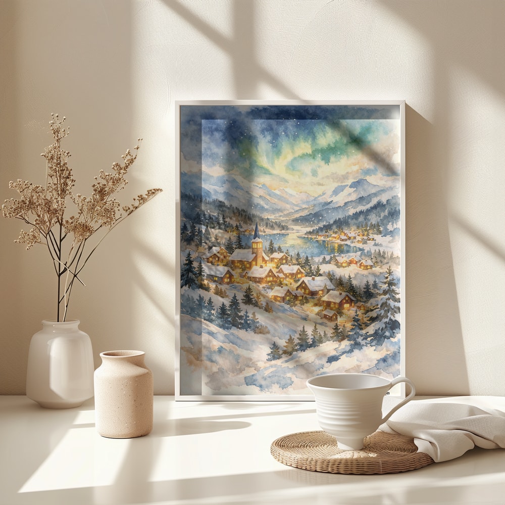Aquarell eines verschneiten Dorfs am See unter grünen Polarlichtern