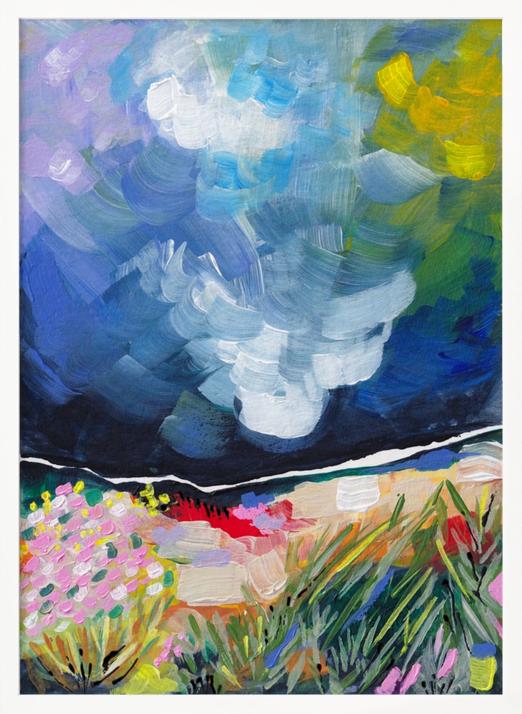 Expressives Gemälde einer bunten Blumenwiese unter blau-weißem Wolkenhimmel
