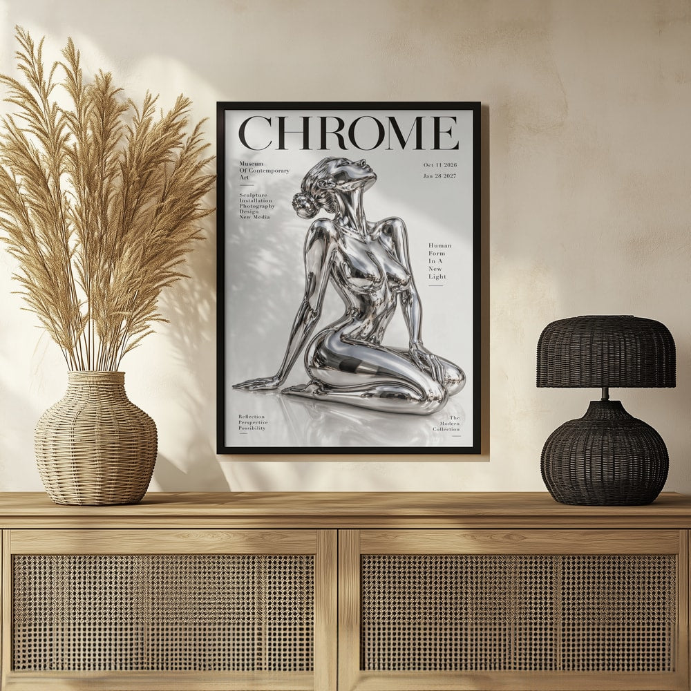 Ausstellungsplakat mit dem Schriftzug Chrome und einer knienden Frauenfigur aus Chrom