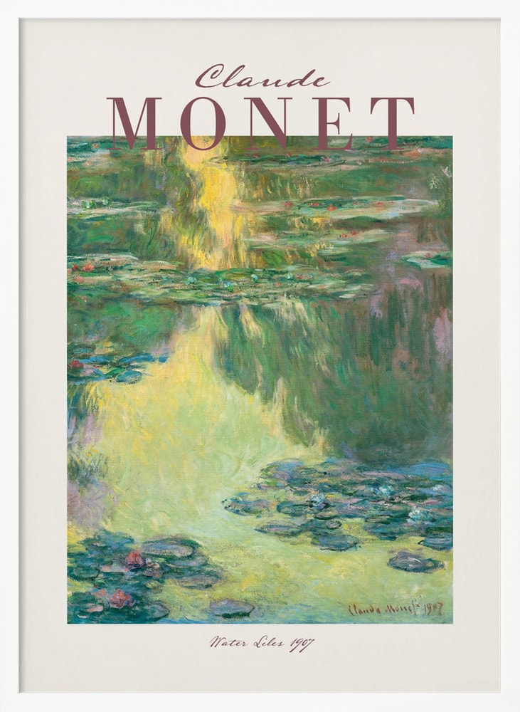 Ausstellungsplakat Claude Monet mit Seerosen auf grünem Wasser, roséfarbener Schriftzug