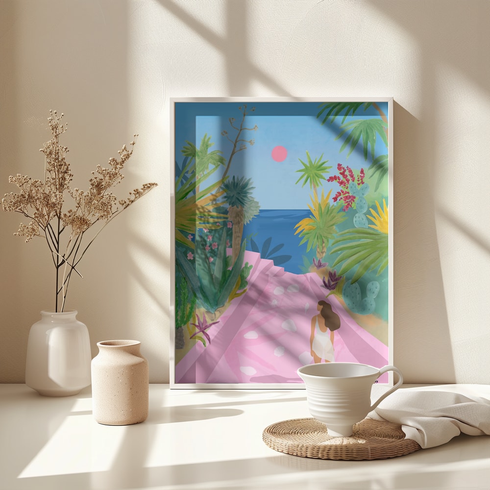 Illustration eines rosa Wegs zwischen tropischen Pflanzen zum blauen Meer mit Frau im weißen Kleid