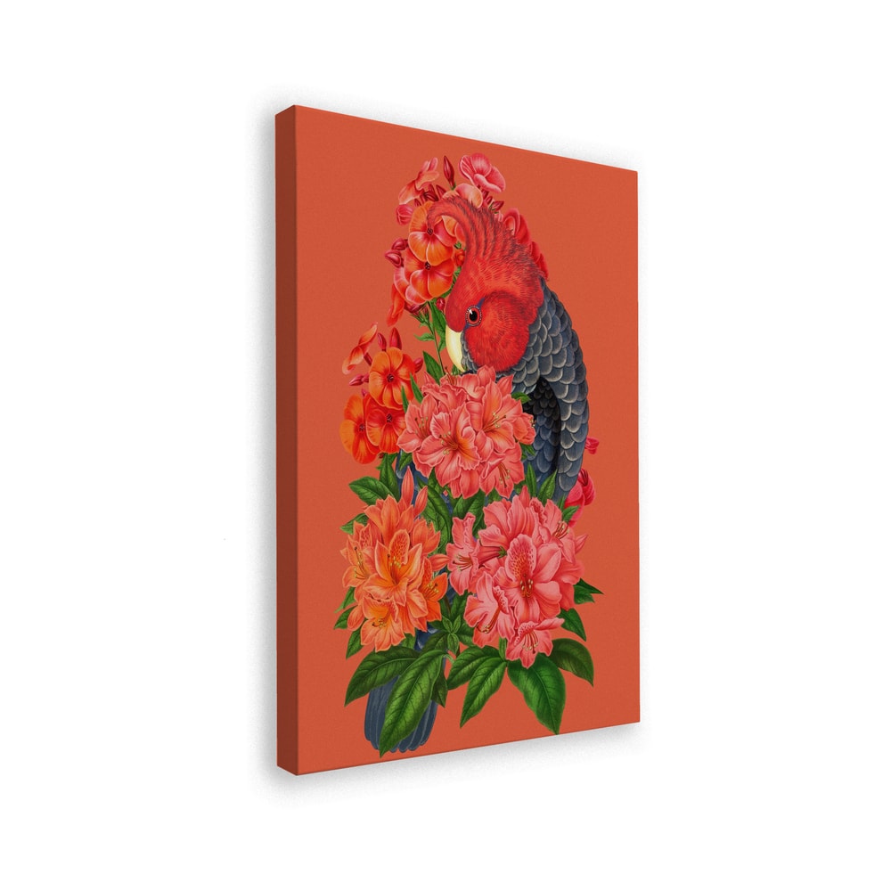 Illustration eines Kakadus mit rotem Kopf zwischen roten und lachsfarbenen Blüten auf orangerotem Hintergrund