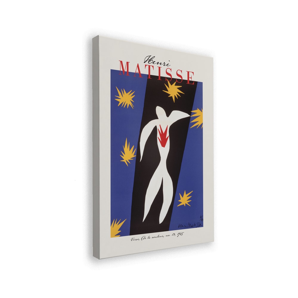 Ausstellungsplakat Henri Matisse mit weißer Ikarus-Figur und gelben Sternen auf Blau, roter Schriftzug