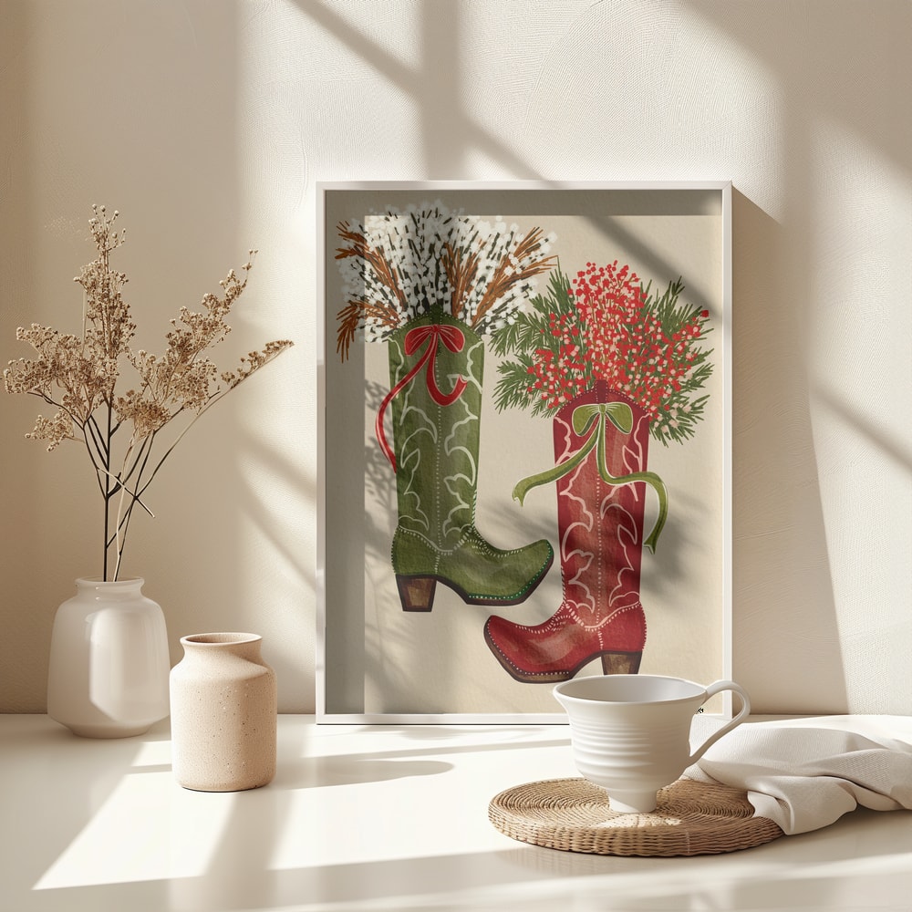 Illustration eines grünen und eines roten Cowboystiefels mit Beeren, Zweigen und Schleifen