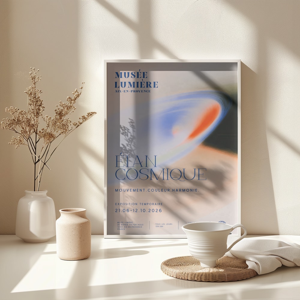 Ausstellungsplakat Élan Cosmique mit weichem Farbwirbel in Blau, Orange und Rosé