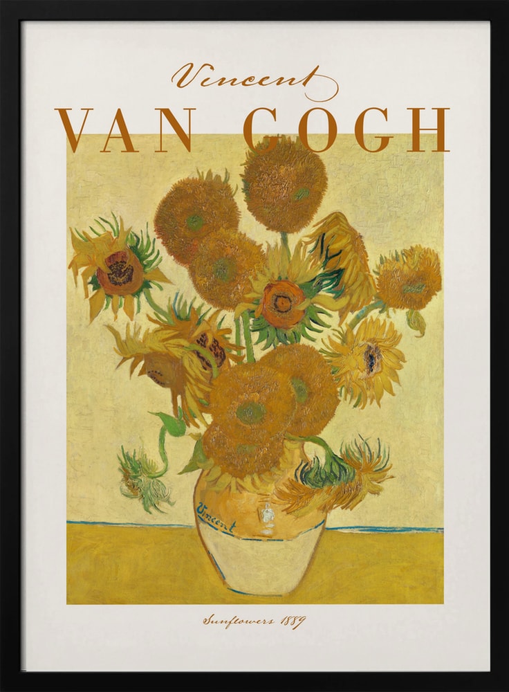 Ausstellungsplakat Vincent van Gogh mit dem Gemälde Sonnenblumen, ockerfarbener Schriftzug oben