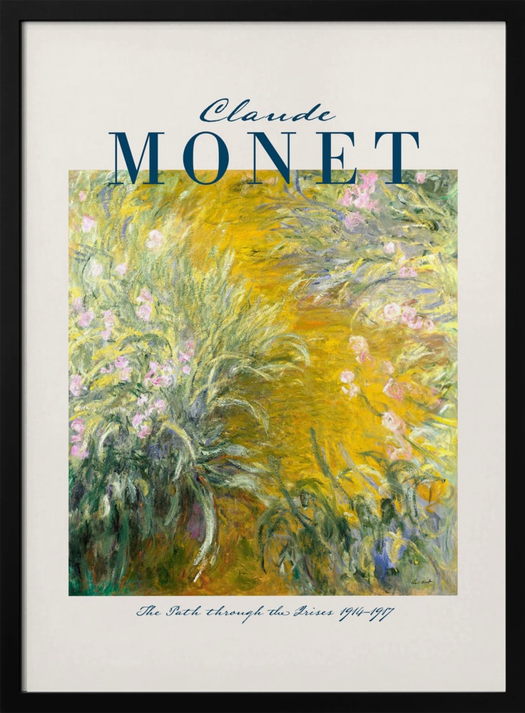 Ausstellungsplakat Claude Monet mit dem Gemälde Der Weg durch die Iris, blauer Schriftzug