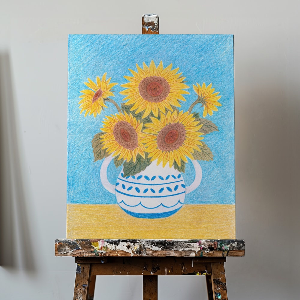 Buntstiftzeichnung von Sonnenblumen in blau-weißem Krug vor hellblauem Hintergrund