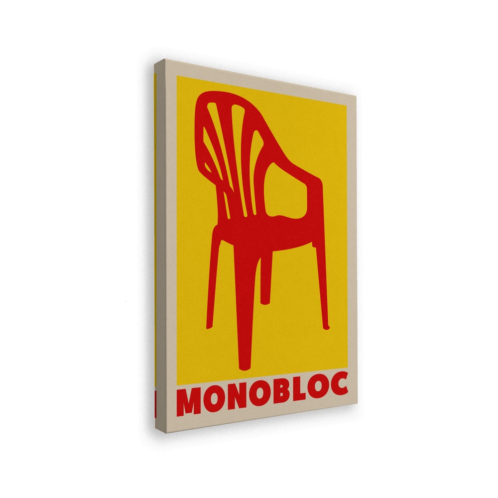 Grafische Illustration eines roten Monobloc-Stuhls vor gelbem Hintergrund mit Schriftzug Monobloc