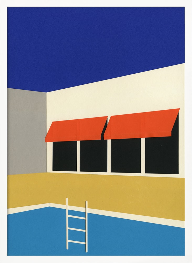 Grafische Illustration eines Gebäudes mit roten Markisen am blauen Pool