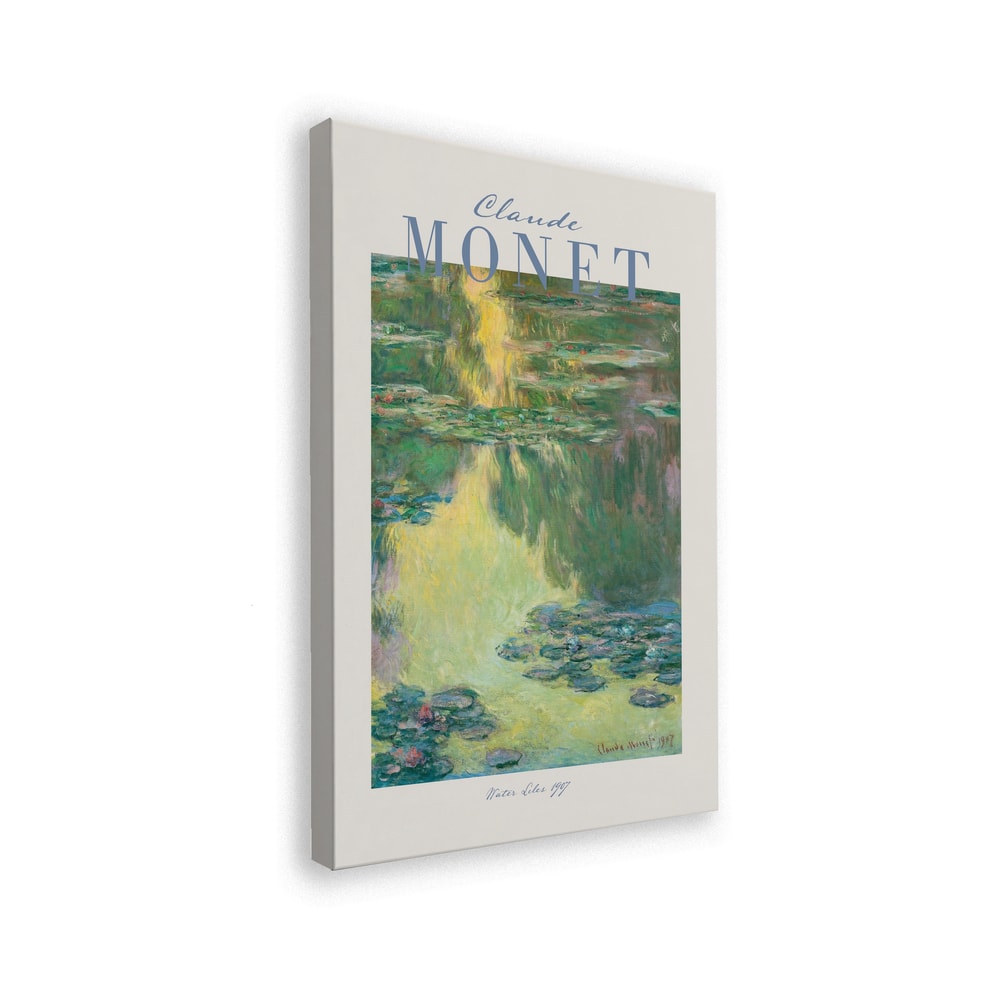 Ausstellungsplakat Claude Monet mit Seerosen auf grünem Wasser, hellblauer Schriftzug