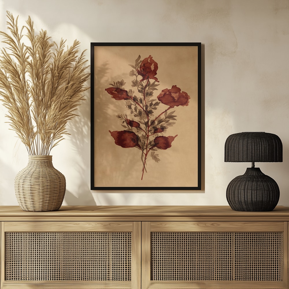 Gemalter Blumenzweig mit rostroten Blüten auf ockerfarbenem Papier