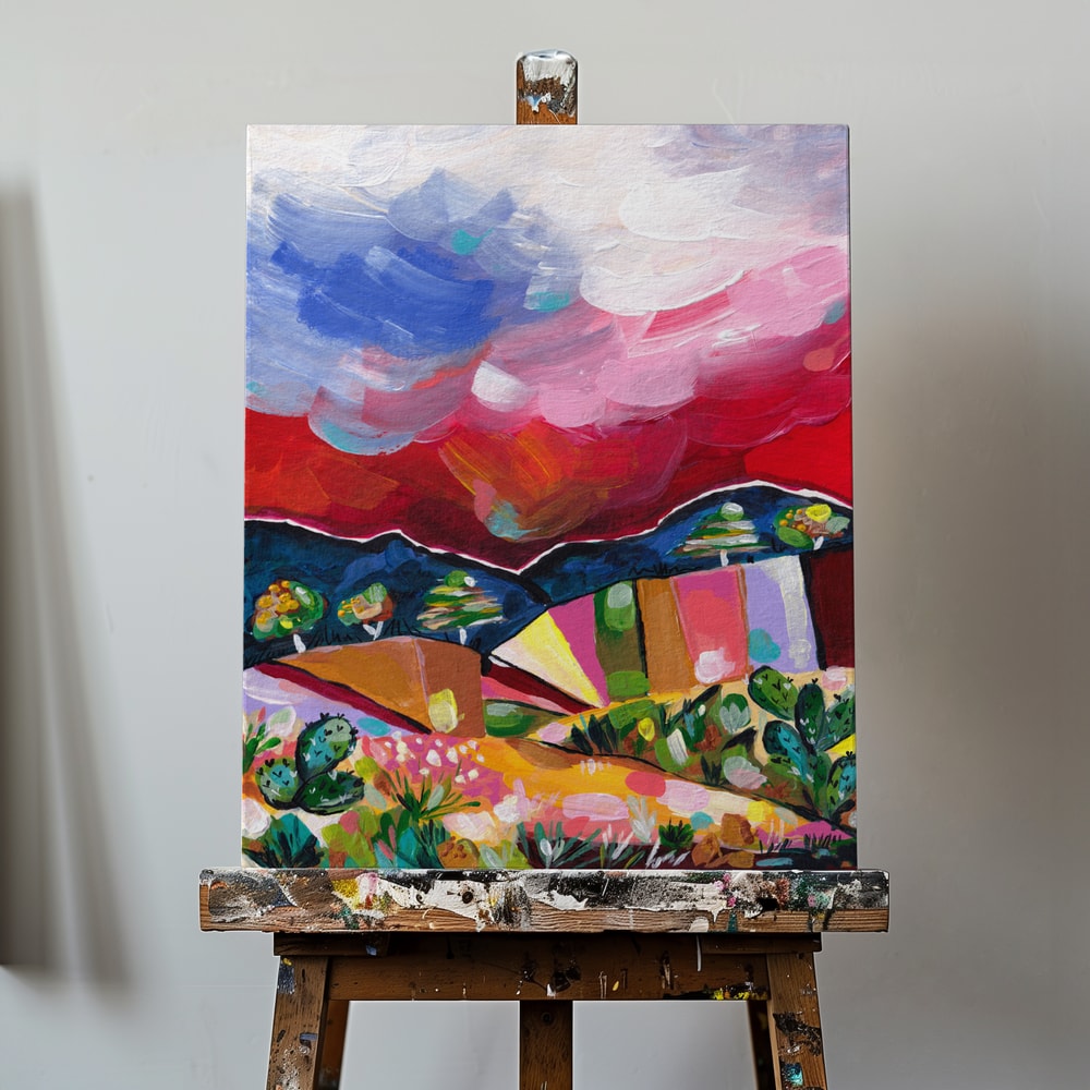 Expressives Gemälde einer bunten Wüstenlandschaft mit Kakteen und wolkigem Himmel