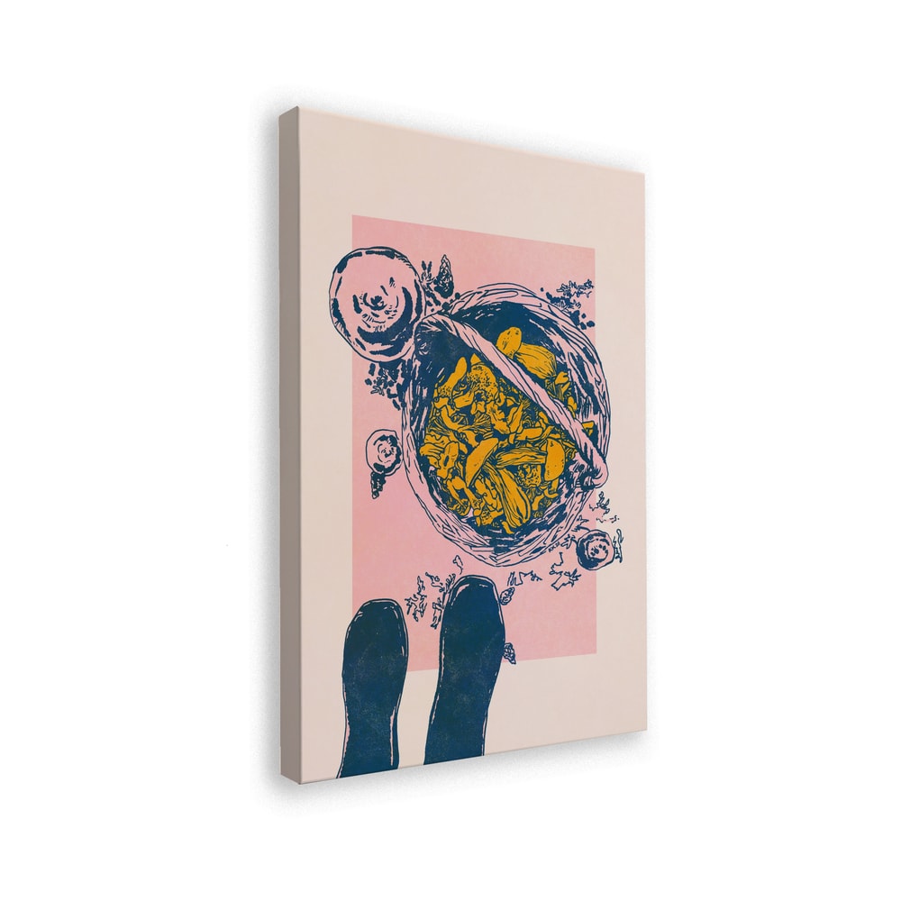 Illustration eines Korbs mit gelben Pilzen und zwei Gummistiefeln von oben auf rosa Hintergrund